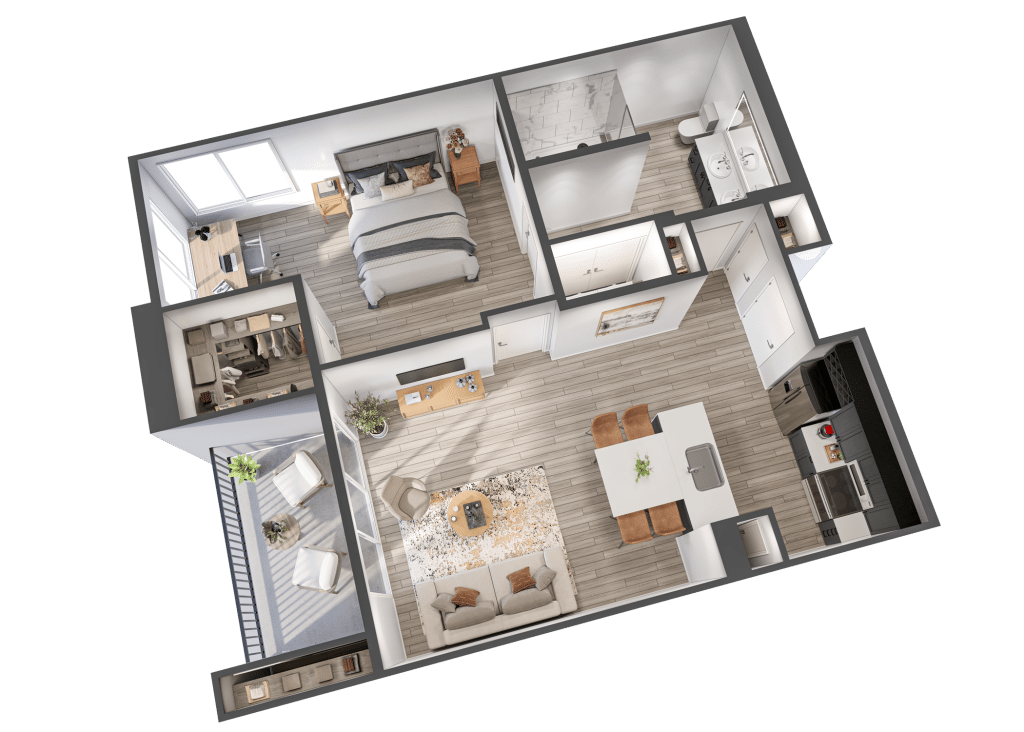 A 3D image of the The Horizon floorplan, a 872 squarefoot, 1 bed / 1 bath unit