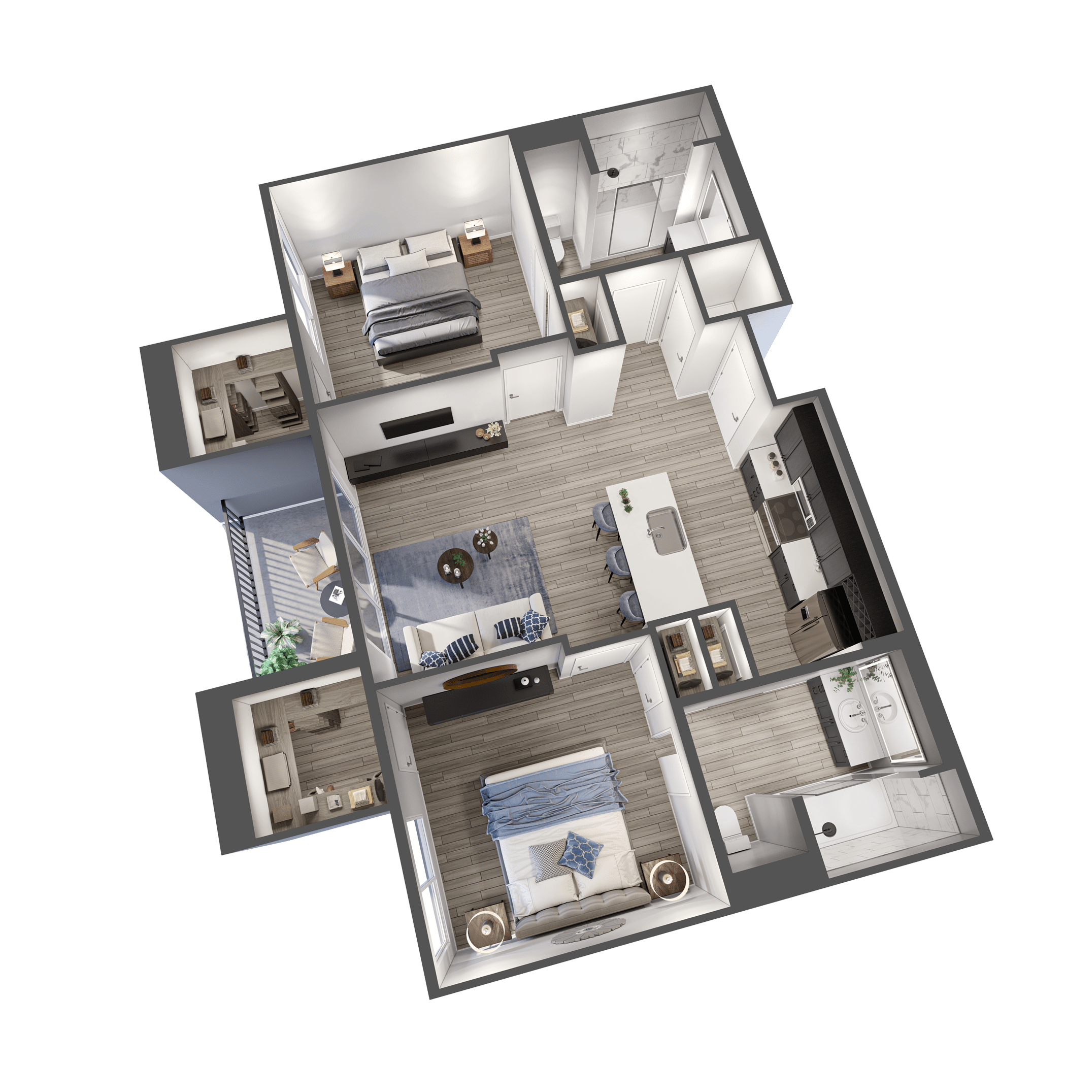 A 3D image of the The Radiance floorplan, a 1009 squarefoot, 2 bed / 2 bath unit