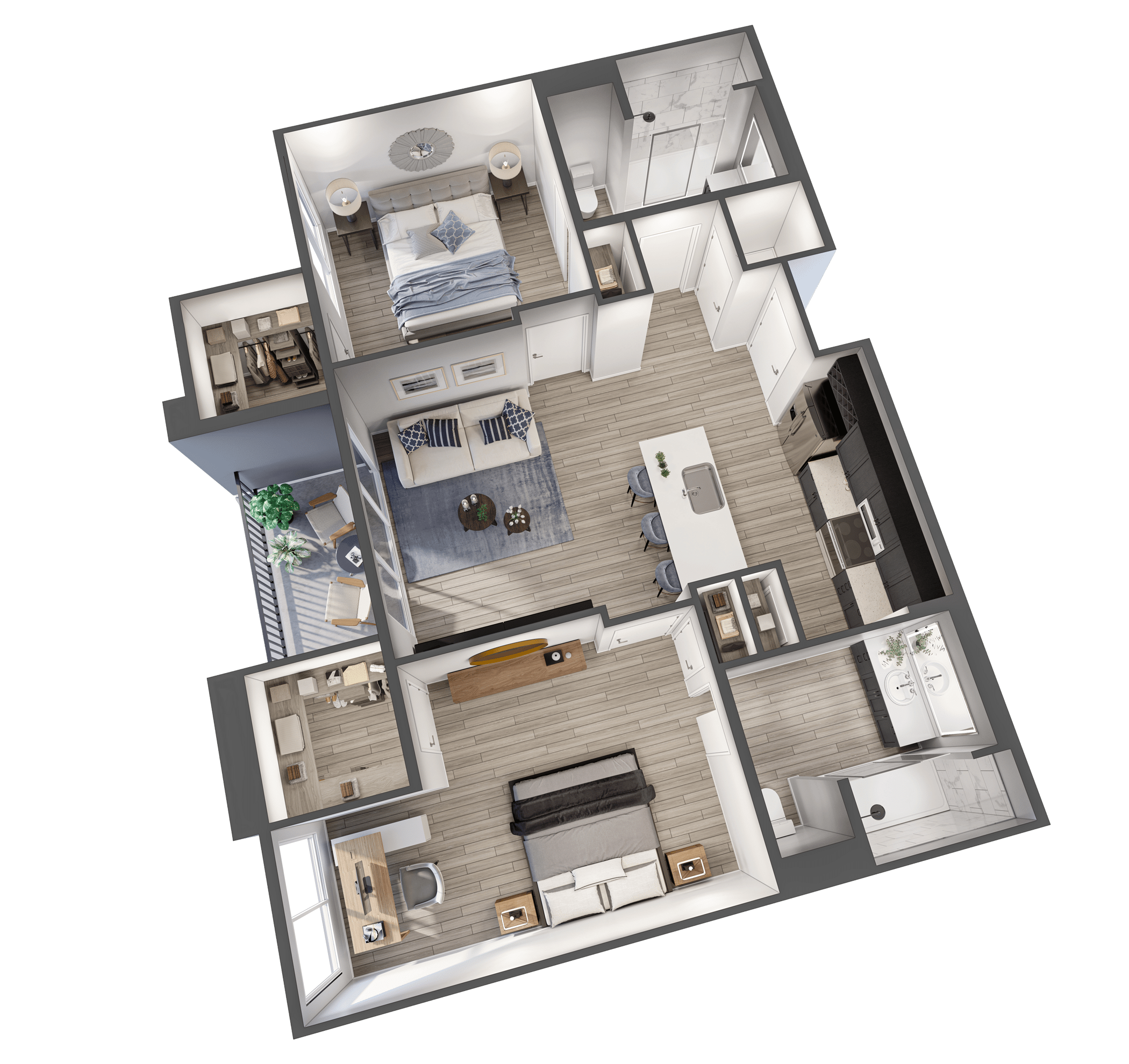 A 3D image of the The Radiant floorplan, a 1055 squarefoot, 2 bed / 2 bath unit