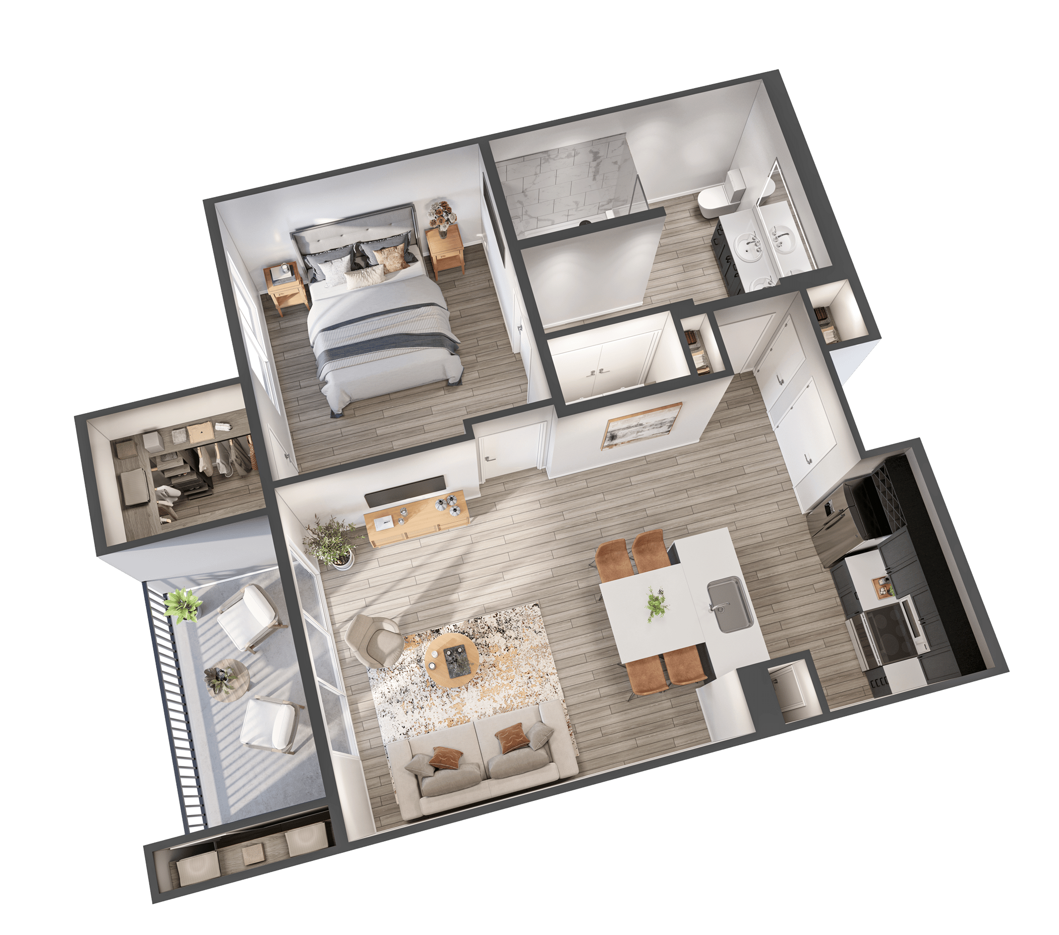 A 3D image of the The Daystar floorplan, a 811 squarefoot, 1 bed / 1 bath unit