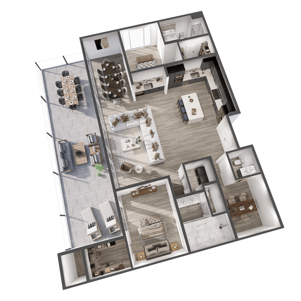 A 3D image of the The Zenith floorplan, a 1942 squarefoot, 2 bed / 2 bath unit