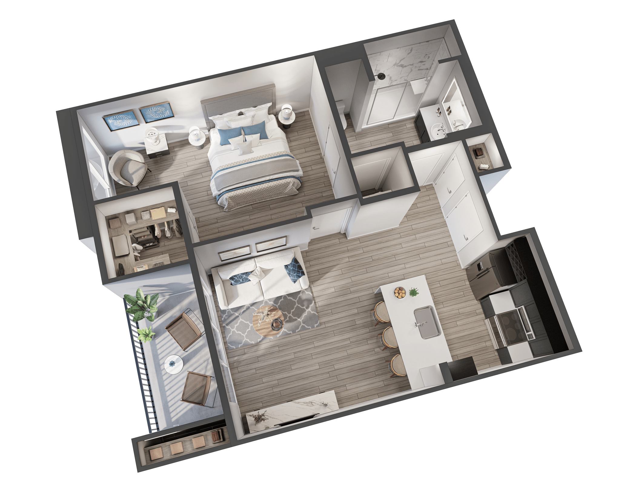 A 3D image of the The Dusk floorplan, a 722 squarefoot, 1 bed / 1 bath unit