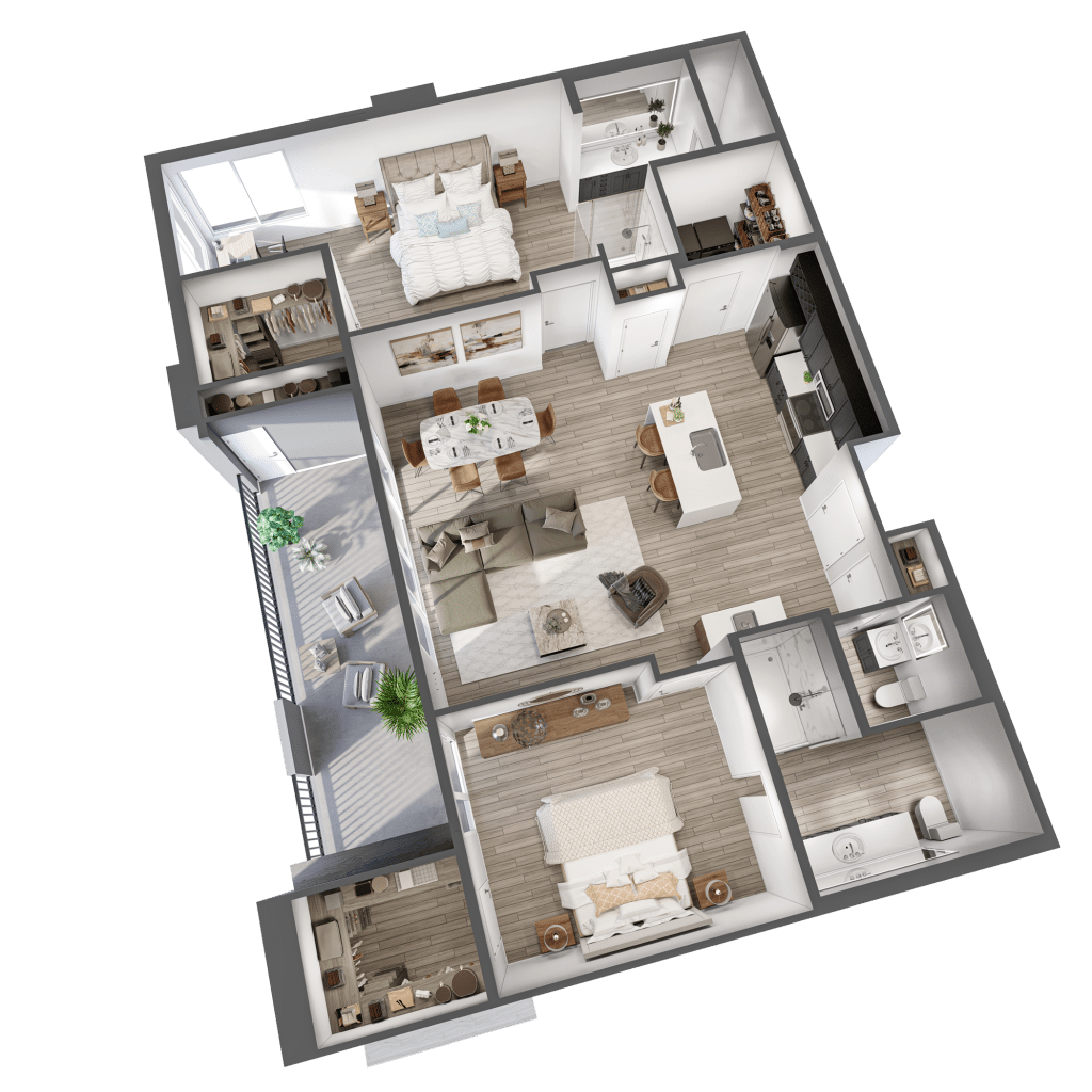 A 3D image of the The Twilight floorplan, a 1353 squarefoot, 2 bed / 2 bath unit