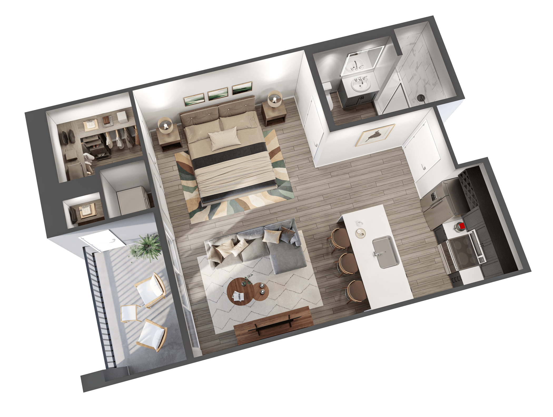 A 3D image of the The Celesta floorplan, a 526 squarefoot, 0 bed / 1 bath unit