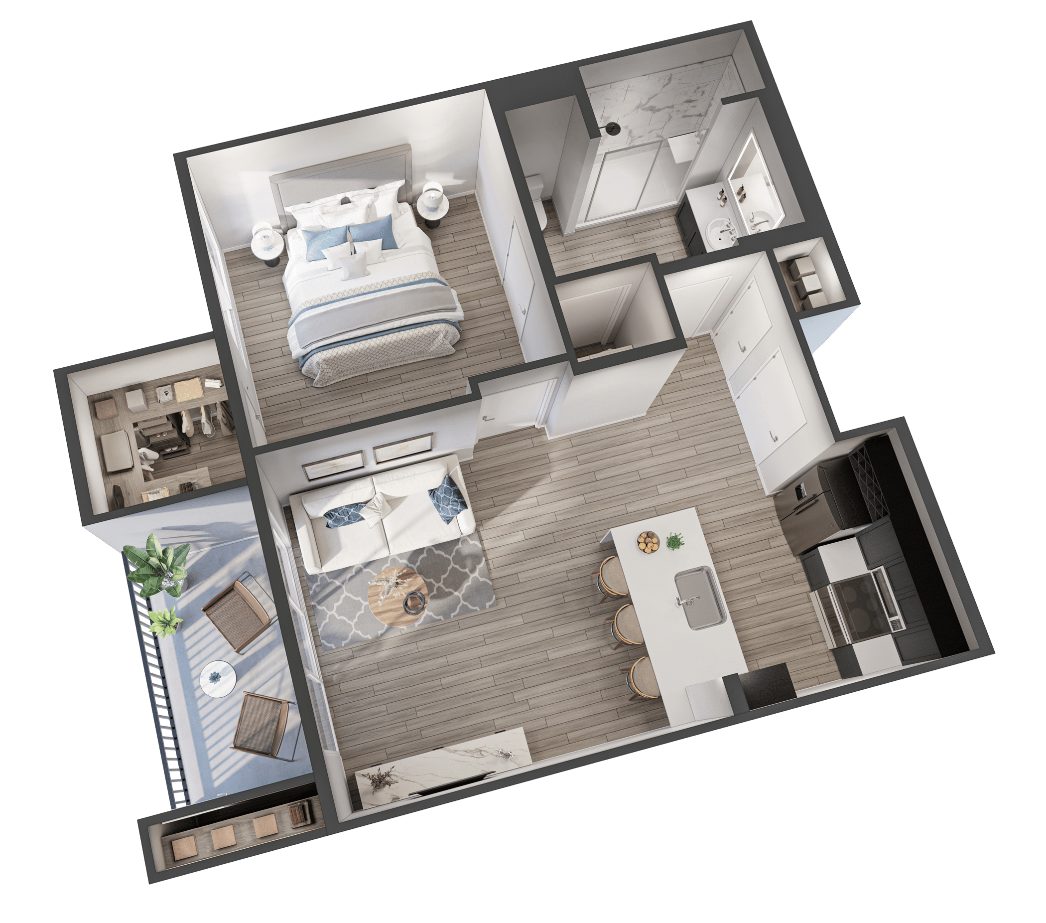 A 3D image of the The Daylight floorplan, a 675 squarefoot, 1 bed / 1 bath unit