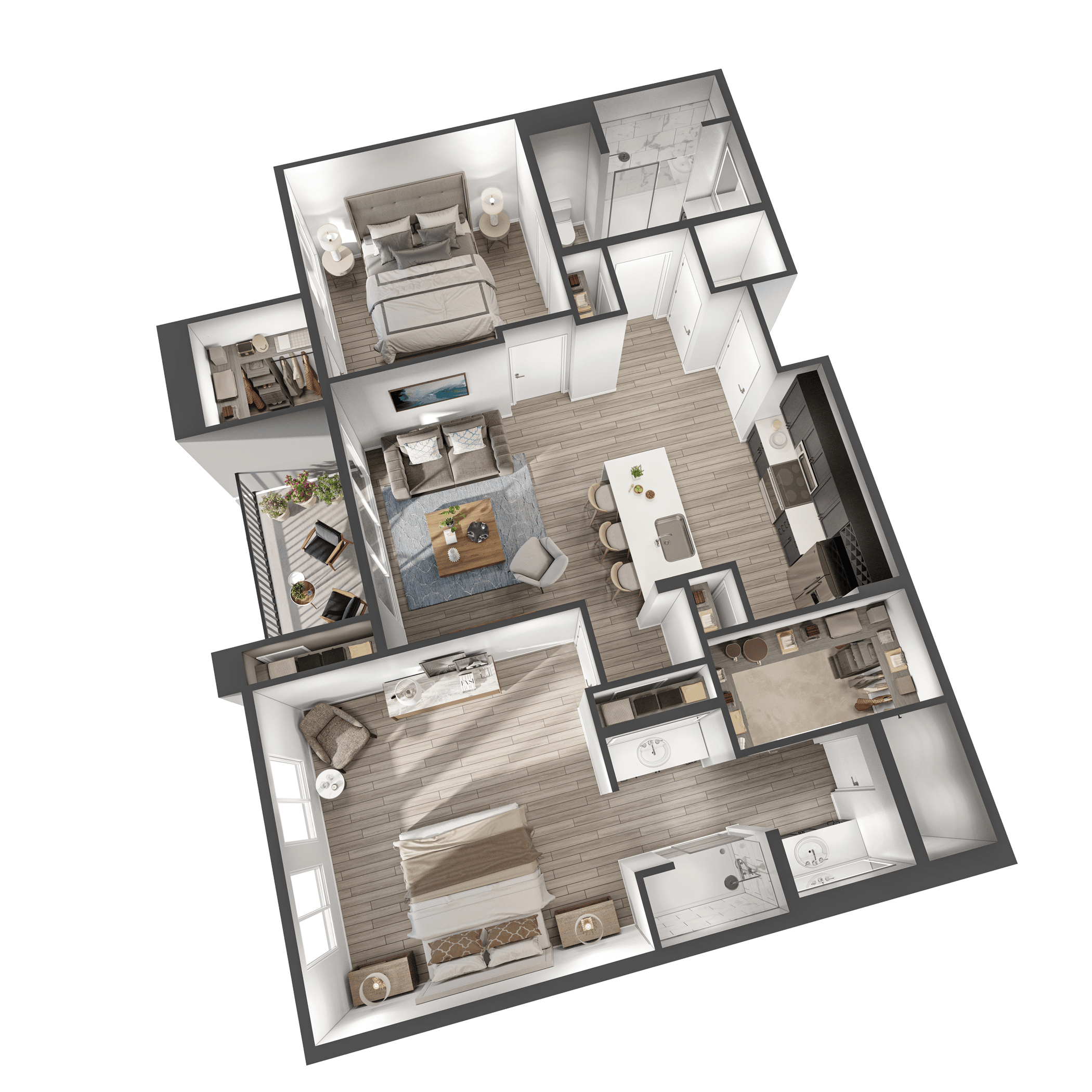 A 3D image of the The Solace floorplan, a 1125 squarefoot, 2 bed / 2 bath unit