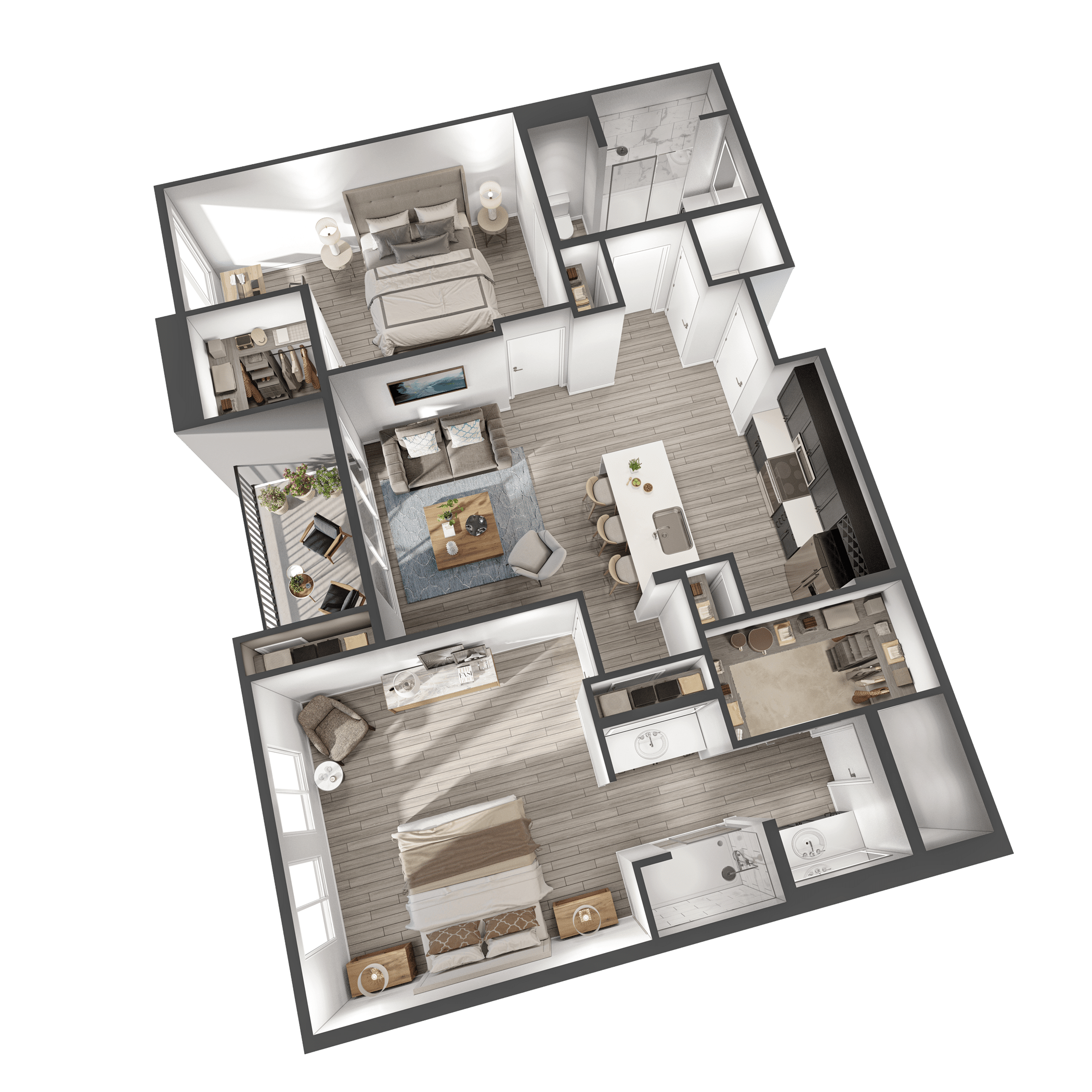 A 3D image of the The Serene floorplan, a 1172 squarefoot, 2 bed / 2 bath unit