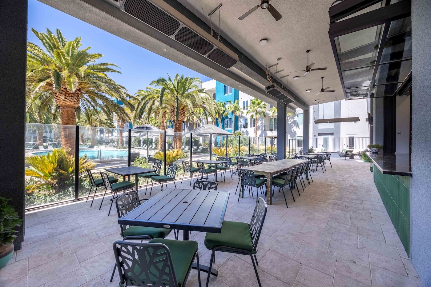 outdoor seating area with several tables